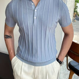 Vertical Striped Chic Shirt, Men's Casual Solid Color High Stretch V-Neck Pullover Sweater For Summer