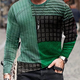 kkboxly Color Block Men's Long Sleeve Vintage Novelty T-shirt, Stylish Tees For Autumn, Mens Clothing