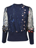 kkboxlyEmbroidered Mesh Loose Blouses, Vintage Crew Neck Long Sleeve Fashion Shirts Tops, Women's Clothing