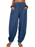 kkboxly  Solid Elastic Waist Pants, Casual Long Length Versatile Pants With Pockets, Women's Clothing