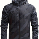 kkboxly  Men's Casual Geometric Print Windbreaker Jacket, Chic Hooded Thin Lightweight Outdoor Jacket