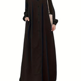 kkboxly  Solid Button Front Abaya Dress, Elegant Long Sleeve Maxi Length Dress, Women's Clothing