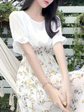 kkboxly  Floral Print Ruffle Trim Dress, Elegant Shirred High Waist Short Sleeve Dress, Women's Clothing