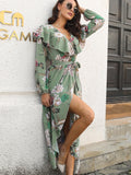 kkboxly  Bohemian Floral Print Belted Dress, Elegant V Neck Long Sleeve Dress, Casual Every Day Dress, Women's Clothing