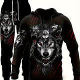 kkboxly  Plus Size Men's Wolf & Letters Graphic Print Sweatshirt & Sweatpants Set For Sports/outdoor/workout, Spring/autumn 2Pcs Tracksuit For Big & Tall Males, Men's Clothing