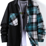 kkboxly  Stylish Collage Chest Pocket Plaid Pattern Casual Long Sleeve Button Up Shirt, Men's Clothes For Spring Summer Fall Outdoor