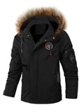 kkboxly  Plus Size Men's Badge Print Hooded Jacket Windbreaker Cargo Jacket For Fall Winter, Men's Clothing