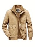 kkboxly  Men's Casual Warm Thick Jacket, Chic Cotton Stand Collar Flap Pocket Jacket For Fall Winter