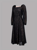 kkboxly  Semi-Sheer Solid Dress, Elegant Squared Neck Lantern Sleeve Dress, Women's Clothing