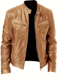 kkboxly  Men's Faux Leather Windbreaker Plain Zipper Stand Collar Long Sleeve PU Jacket For Motorcycle