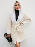 kkboxly  Color Block Belted Lapel Outwear, Versatile Long Sleeve Warm Coat For Fall & Winter, Women's Clothing