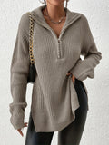 kkboxly  Long Sleeve Half Zip Sweater, Side Slit Casual Sweater For Winter & Fall, Women's Clothing