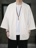 kkboxly  Solid Color Men's Retro Loose Kimono Shirt, Summer Spring Fall