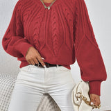 Solid Cable Knit Sweater, Casual Crew Neck Long Sleeve Sweater, Women's Clothing