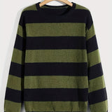 kkboxly  All Match Knitted Stripe Pattern Sweater, Men's Casual Warm Slightly Stretch Round Neck Pullover Sweater For Fall Winter