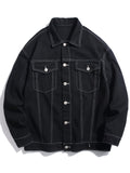 kkboxly Men's Trendy White Line Double Pocket Loose Denim Jacket
