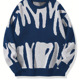 2025 kkboxly  Stylish Letter Knitted Sweater, Men's Casual Warm Slightly Stretch Street Style Round Neck Pullover Sweater For Fall Winter