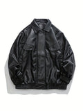 kkboxly  Men's Solid PU Jacket, Cool Personalized Cargo Jacket With Pockets For Autumn/winter, Men's Clothing, Plus Size