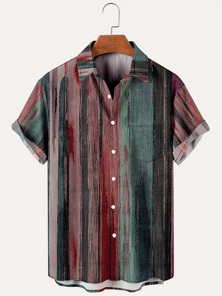 kkboxly  Plus Size Men's Oil Painting Stripes Graphic Print Shirt For Summer, Retro Style Button Up Lapel Short Sleeve Shirt