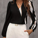 kkboxly Striped Print Contrast Blouse, Casual Button Front Long Sleeve Blouse, Women's Clothing