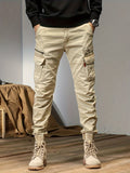 dunnmall  kkboxly  Trendy Solid  Cargo Cotton Blend Pants, Men's Multi Flap Pocket Trousers, Loose Casual Outdoor Pants, Men's Work Pants Outdoors Streetwear Hip Hop Style