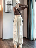 kkboxly  Solid Straight Leg Cargo Pants, Y2K Flap Pocket High Waist Loose Pants, Women's Clothing