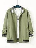 kkboxly  Plus Size Men's Trendy Casual Zipper Stand Collar Pocket Jacket, Solid Color Long Sleeve Stripe Pattern On The Bottom Coat Loose Oversized