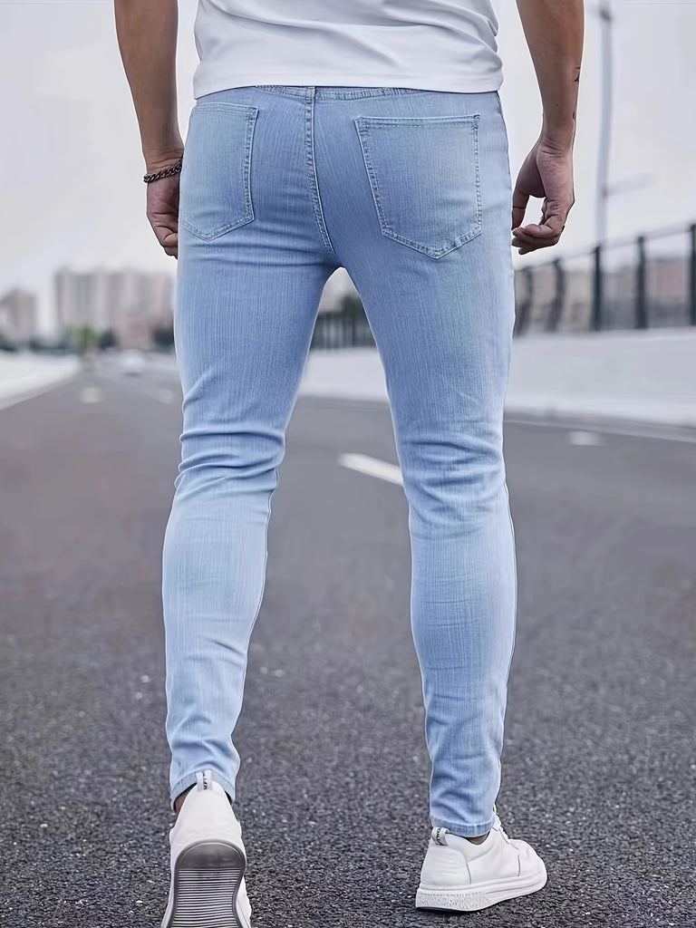 kkboxly  Slim Fit Ripped Jeans, Men's Casual Street Style Distressed High Stretch Denim Pants For Spring Summer, Men's Bottoms