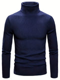 kkboxly Turtle Neck Knitted Slim Fit Sweater, Men's Casual Warm Solid High Stretch Pullover Sweater For Fall Winter