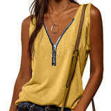 kkboxly  Casual V-neck Zipper Cami Top, Solid Fashion Sleeveless Loose Summer Fit Tank Top, Women's Clothing