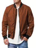 kkboxly  Solid Varsity Bomber Jacket, Men's Casual Baseball Jacket Coat Regular Fit College Hipster Windbreaker For Spring Autumn