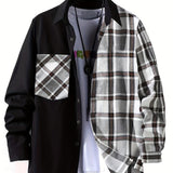 Men's Casual Cotton Stitch Plaid Button Up Shirt With Chest Pocket, Male Clothes For Spring And Fall