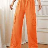 kkboxly  Flap Pockets Straight Leg Cargo Pants, Casual High Waist Pants, Women's Clothing