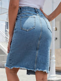 Blue Raw Hem Denim Skirt, Mid-Stretch Slant Pockets Split Denim Skirt, Women's Denim Clothing