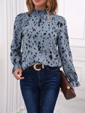 Leopard Print Shirred Trim Blouse, Casual Mock Neck Long Sleeve Blouse For Spring & Summer, Women's Clothing