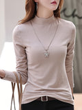 kkboxly  Solid Color Mock Neck T-Shirt, Casual Long Sleeve Slim T-Shirt For Spring & Fall, Women's Clothing