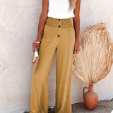 kkboxly  Smocked Waist Wide Leg Pants, Casual Loose Button Front Pants For Spring & Summer, Women's Clothing