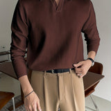 kkboxly  Solid Color Retro Chic Knit Shirt, Men's Casual Lapel High Stretch V-Neck Pullover Sweater For Spring Fall