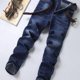 kkboxly  Chic Straight Leg Jeans, Men's Casual Regular Stretch Street Style Denim Pants With Pockets