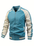 kkboxly  Men's Color Block Graphic Sports Jacket, Casual Striped Zip Up Varsity Jacket For Outdoor Fall Winter