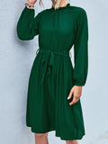 kkboxly  Women's Dresses Elegant Dress Pleated Frill Neck Flounce Long Sleeve Belted Dresses