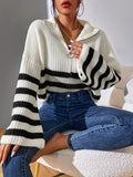 kkboxly  Striped Pattern Half Zip Pullover Sweater, Casual Bell Sleeve Sweater For Fall & Winter, Women's Clothing