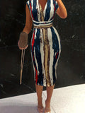kkboxly Plus Size Casual Dress, Women's Plus Colorblock Stripe Print Cap Sleeve V Neck Slight Stretch Midi Dress