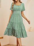 Kkboxly  Heart Print Midi Dress, Square Neck Drop Shoulder A-Line Dress, Women's Classic Casual Dresses For All Seasons, Women's Clothing