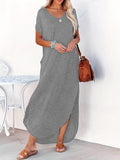 kkboxly  Short Sleeve Maxi Dress, Crew Neck Side Slit Casual Dress For Summer & Spring, Women's Clothing