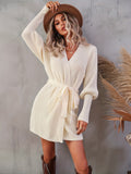 kkboxly  Solid Wrap Sweater Dress, Casual V Neck Long Sleeve Mini Dress, Women's Clothing