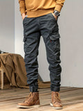 dunnmall  kkboxly  Trendy Solid  Cargo Cotton Blend Pants, Men's Multi Flap Pocket Trousers, Loose Casual Outdoor Pants, Men's Work Pants Outdoors Streetwear Hip Hop Style