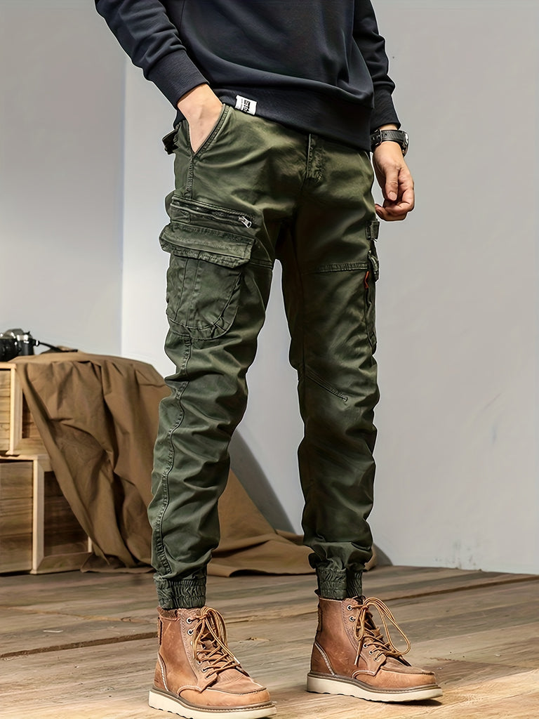 dunnmall  kkboxly  Trendy Solid  Cargo Cotton Blend Pants, Men's Multi Flap Pocket Trousers, Loose Casual Outdoor Pants, Men's Work Pants Outdoors Streetwear Hip Hop Style