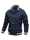 kkboxly  Plus Size Men's Trendy Casual Zipper Stand Collar Pocket Jacket, Solid Color Long Sleeve Stripe Pattern On The Bottom Coat Loose Oversized