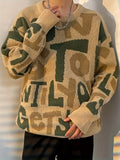 kkboxly  Men's Letter Print Knitted Sweater, Vintage High Stretch Loose Pullover Top For Fall Winter Outdoor